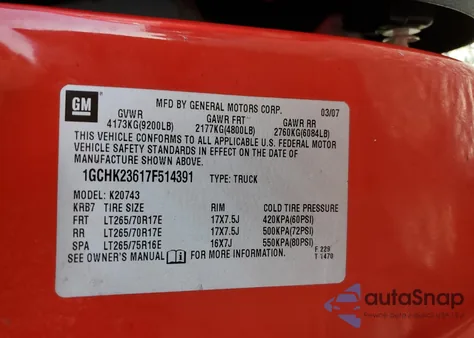 2007 Chevrolet Silverado K2500 Heavy Duty from USA, damaged, VIN 1GCHK23617F514391
